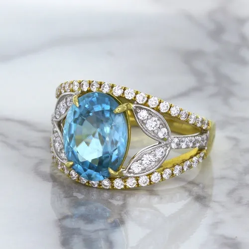 5.29ct Oval Blue Zircon Ring with Diamond Accents in 18K Yellow Gold