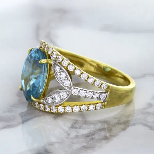 5.29ct Oval Blue Zircon Ring with Diamond Accents in 18K Yellow Gold