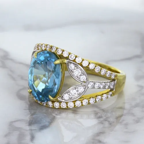 5.29ct Oval Blue Zircon Ring with Diamond Accents in 18K Yellow Gold