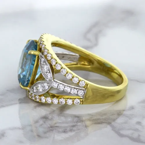 5.29ct Oval Blue Zircon Ring with Diamond Accents in 18K Yellow Gold