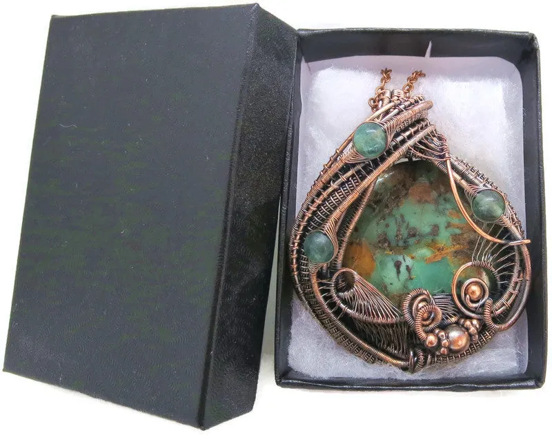 African Green Opal Pendant in Copper with Fluorite, Wire Wrap