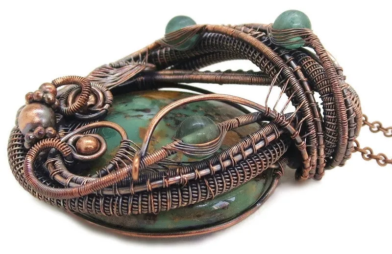African Green Opal Pendant in Copper with Fluorite, Wire Wrap