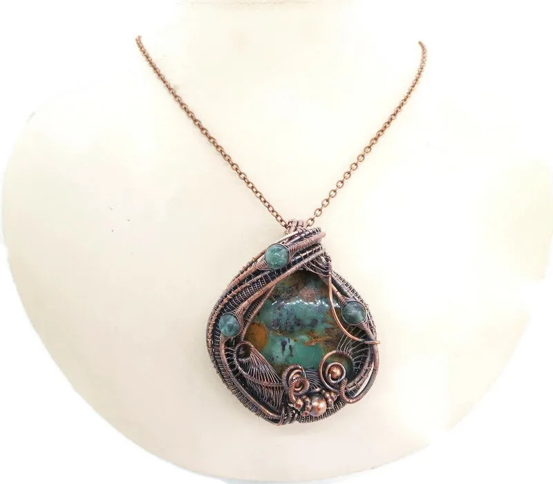 African Green Opal Pendant in Copper with Fluorite, Wire Wrap