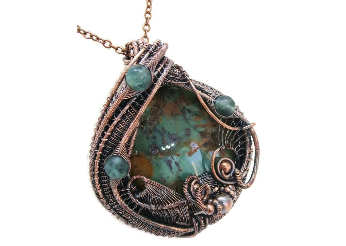 African Green Opal Pendant in Copper with Fluorite, Wire Wrap