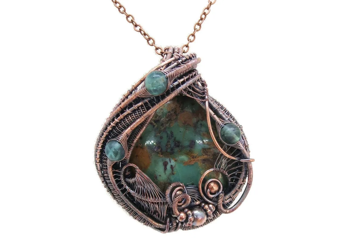 African Green Opal Pendant in Copper with Fluorite, Wire Wrap