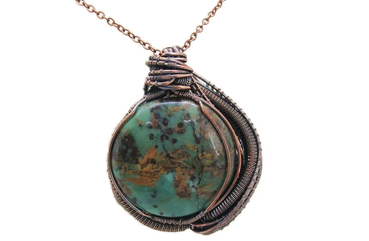 African Green Opal Pendant in Copper with Fluorite, Wire Wrap