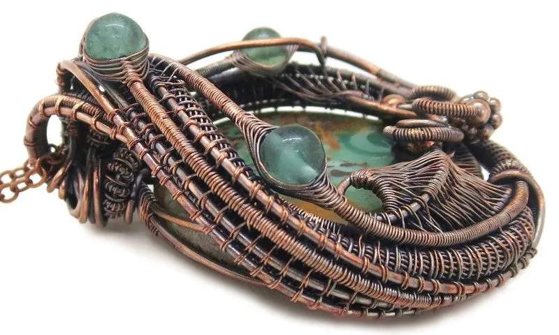 African Green Opal Pendant in Copper with Fluorite, Wire Wrap