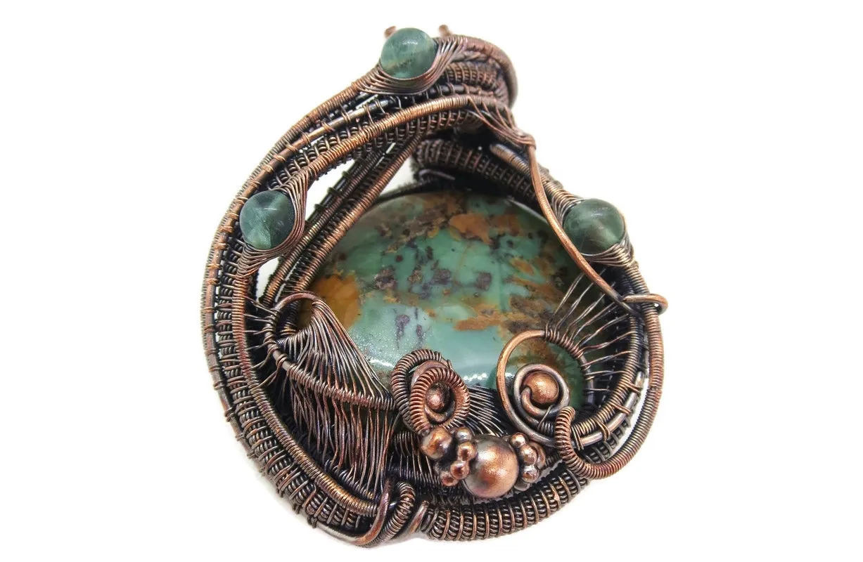 African Green Opal Pendant in Copper with Fluorite, Wire Wrap