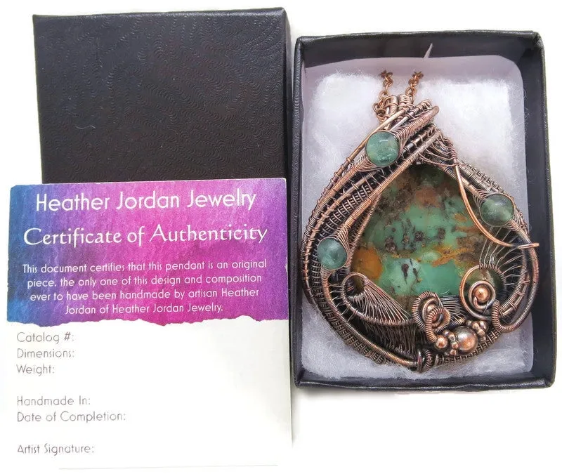 African Green Opal Pendant in Copper with Fluorite, Wire Wrap