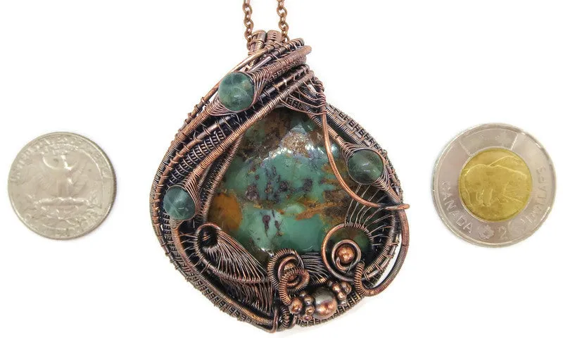 African Green Opal Pendant in Copper with Fluorite, Wire Wrap