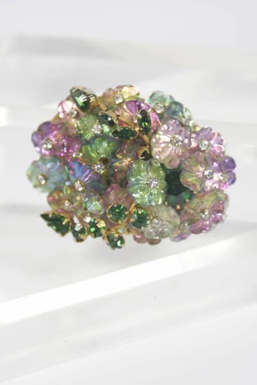ALICE CAVINESS Floral Motif Brooch with Iridescent Beads and Rhinestones