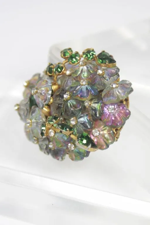 ALICE CAVINESS Floral Motif Brooch with Iridescent Beads and Rhinestones