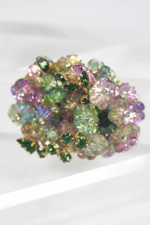 ALICE CAVINESS Floral Motif Brooch with Iridescent Beads and Rhinestones