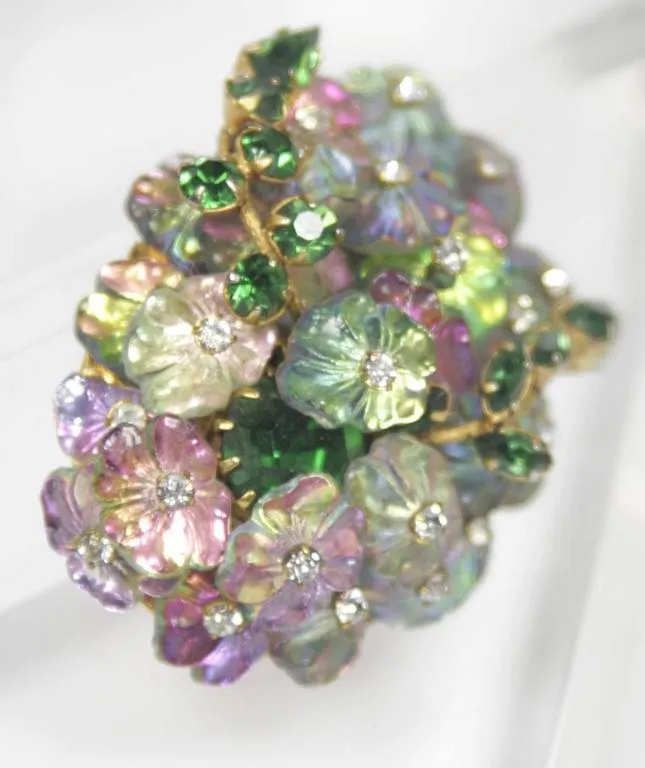 ALICE CAVINESS Floral Motif Brooch with Iridescent Beads and Rhinestones