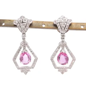 Art Deco Style Diamond and Pink Sapphire Drop Earrings in 18K White Gold