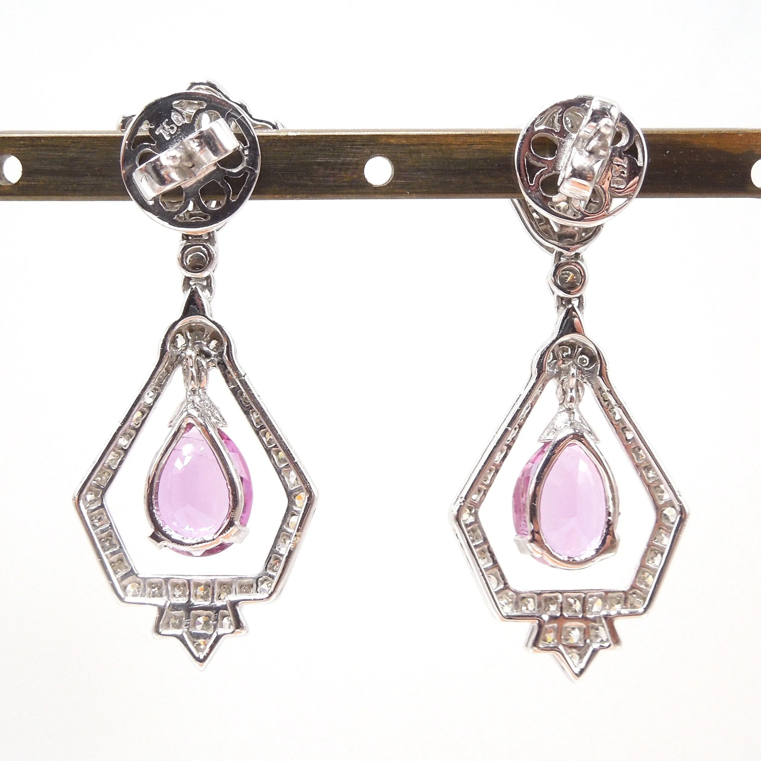 Art Deco Style Diamond and Pink Sapphire Drop Earrings in 18K White Gold