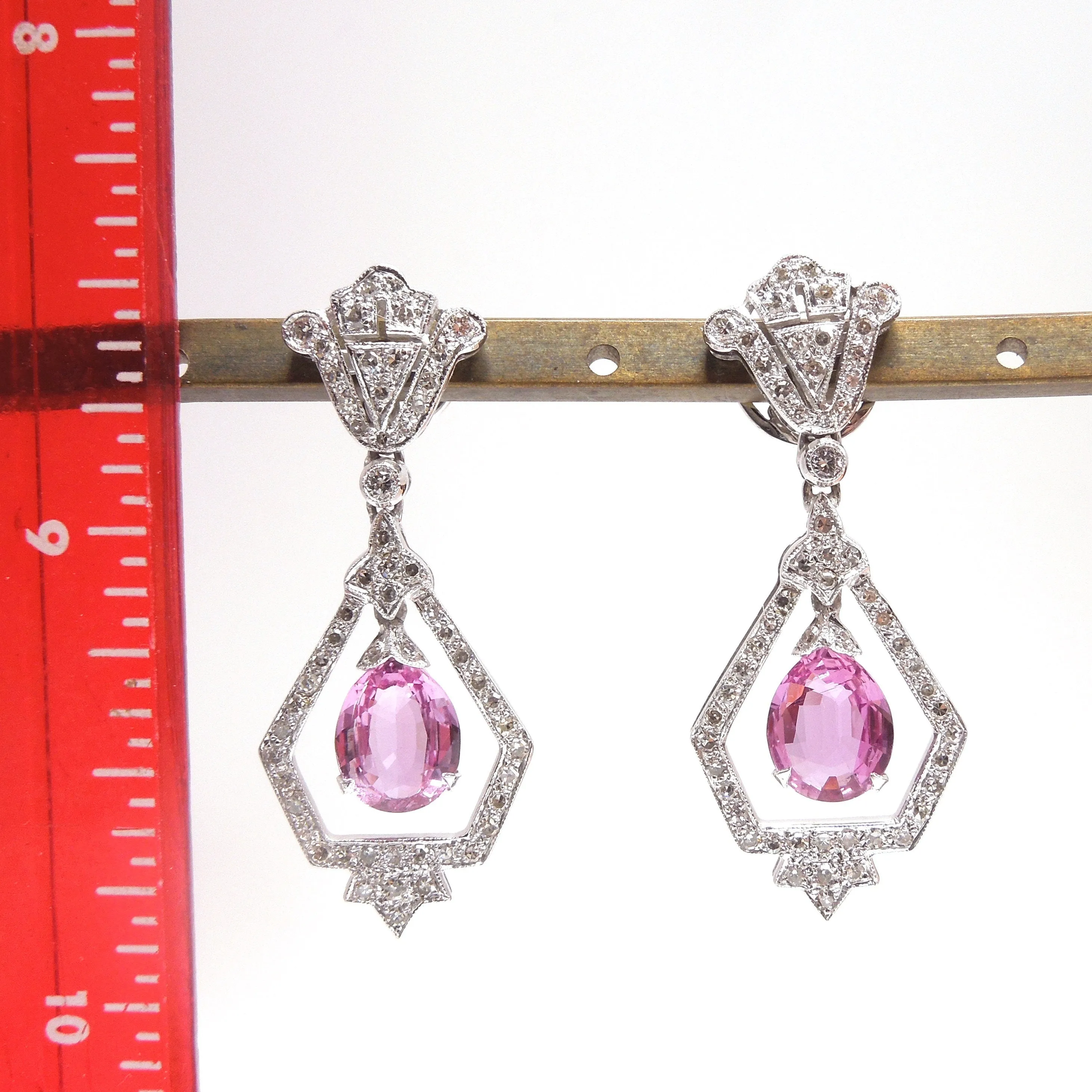 Art Deco Style Diamond and Pink Sapphire Drop Earrings in 18K White Gold