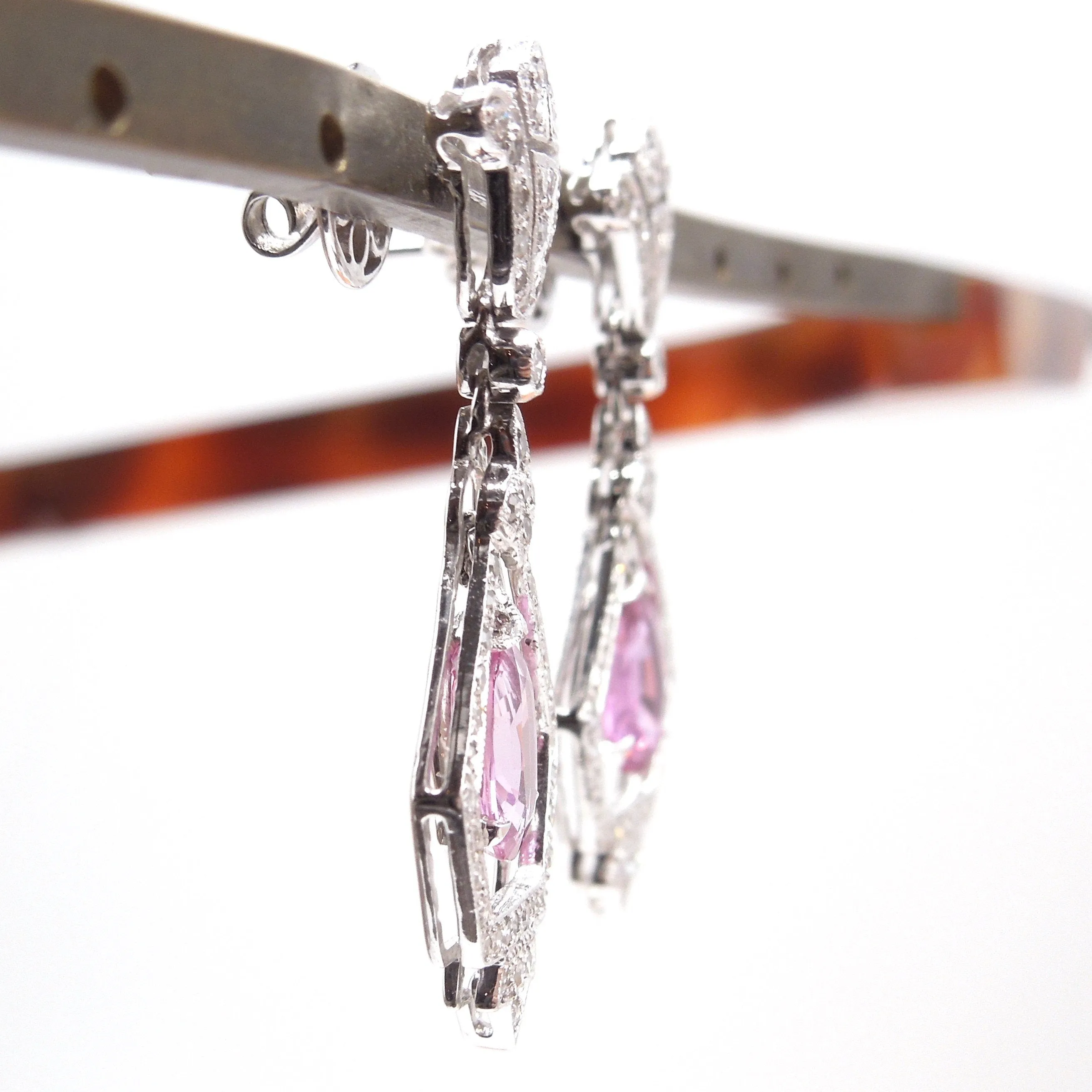 Art Deco Style Diamond and Pink Sapphire Drop Earrings in 18K White Gold
