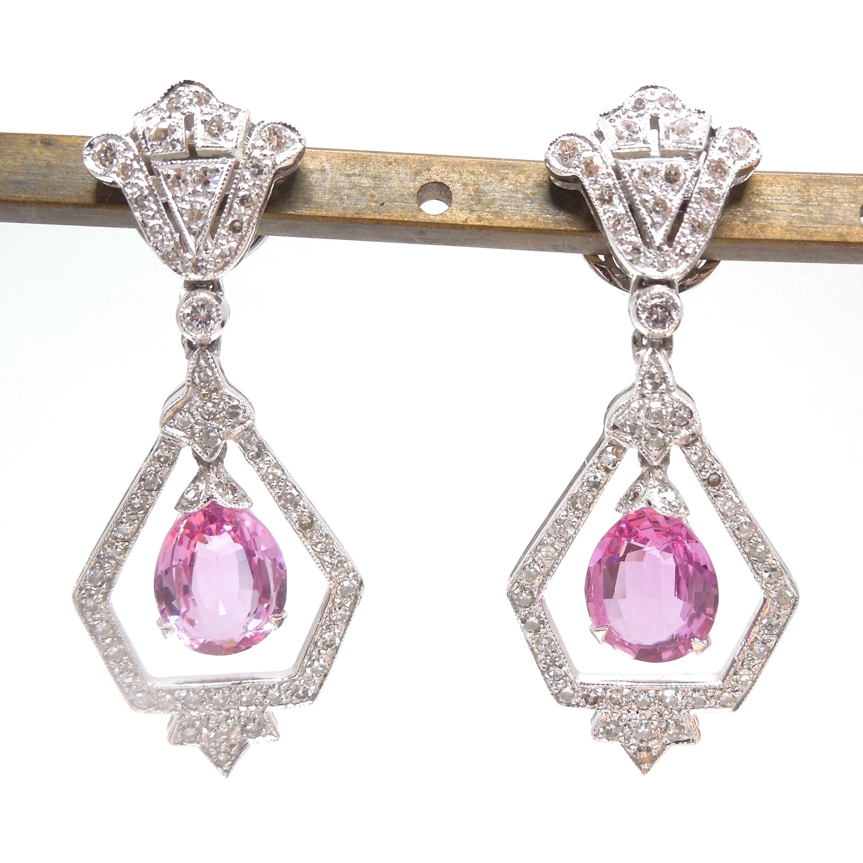Art Deco Style Diamond and Pink Sapphire Drop Earrings in 18K White Gold