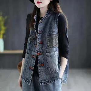 Asian Inspired Women Denim Vests - Ailime Designs Asian Inspired Women Denim Vests - Ailime Designs