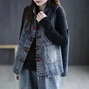 Asian Inspired Women Denim Vests  - Ailime Designs