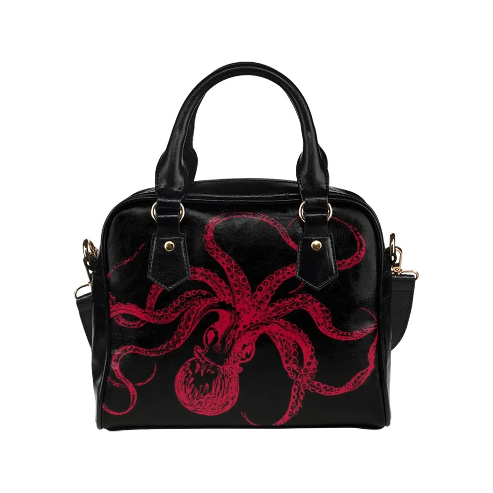Black and Red Octopus Purse, Goth Bowler Bag