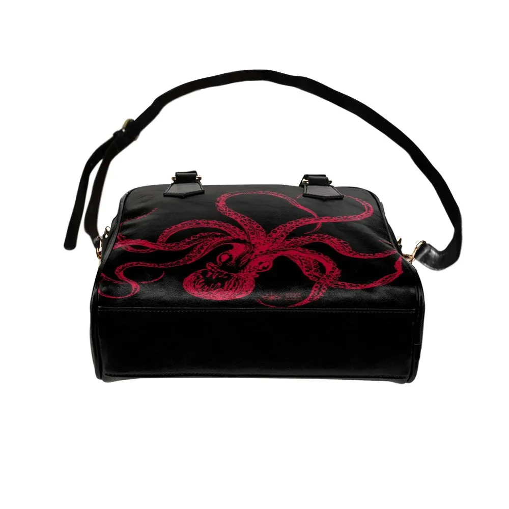 Black and Red Octopus Purse, Goth Bowler Bag