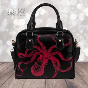 Black and Red Octopus Purse, Goth Bowler Bag
