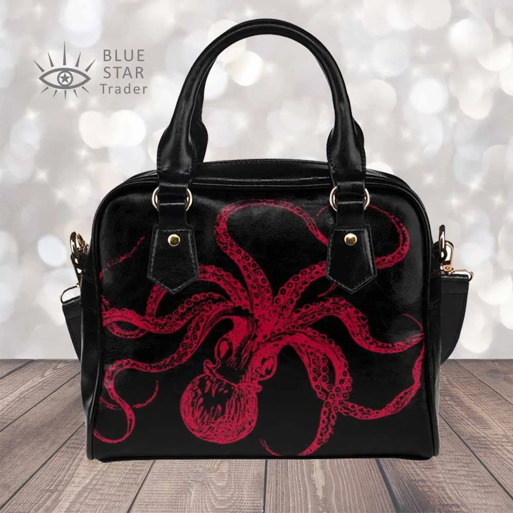 Black and Red Octopus Purse, Goth Bowler Bag