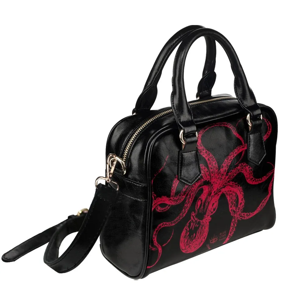 Black and Red Octopus Purse, Goth Bowler Bag