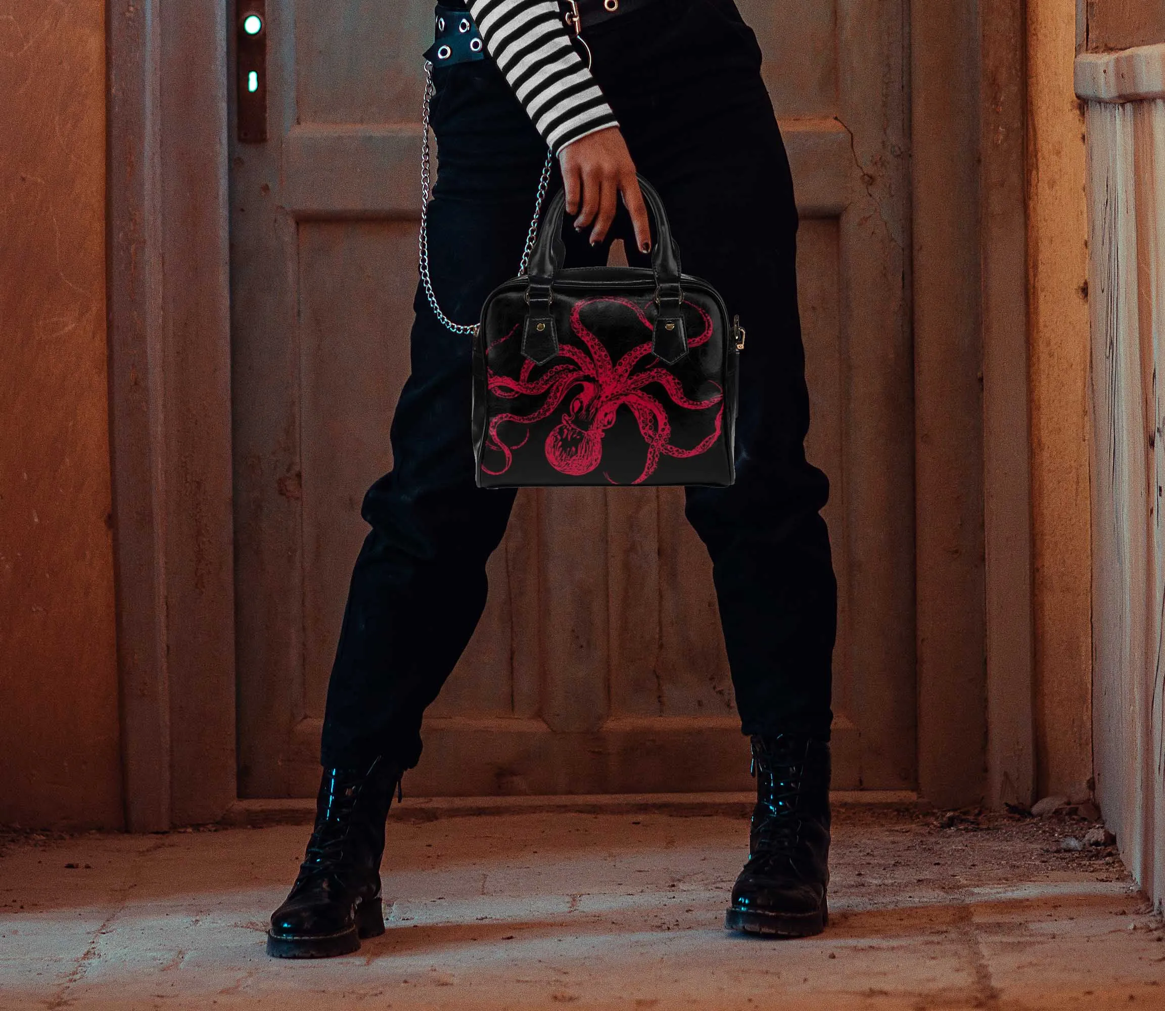 Black and Red Octopus Purse, Goth Bowler Bag