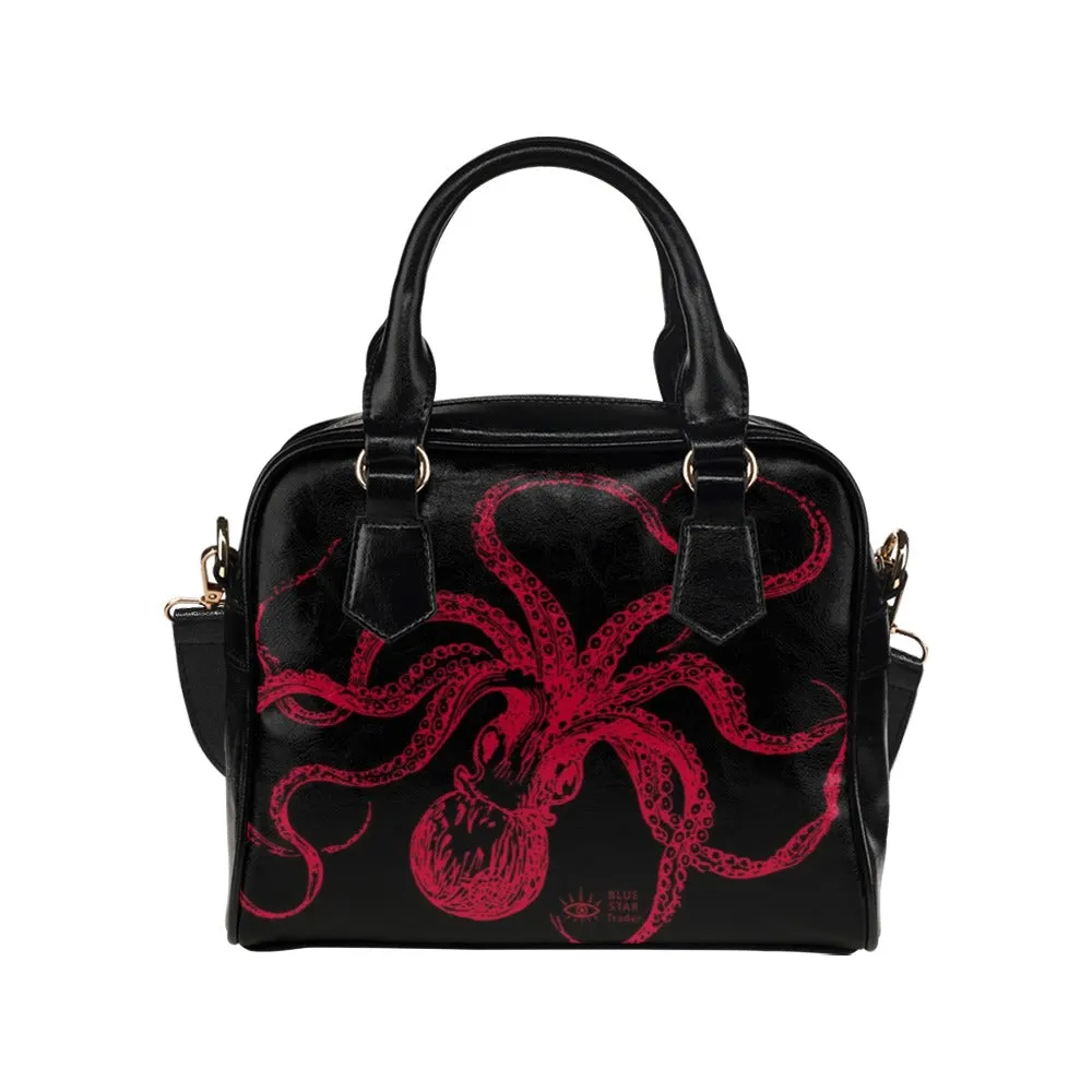 Black and Red Octopus Purse, Goth Bowler Bag