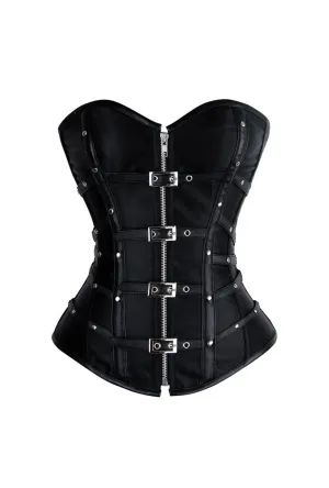 Black Leather and Satin Buckle Corset with Zip Front
