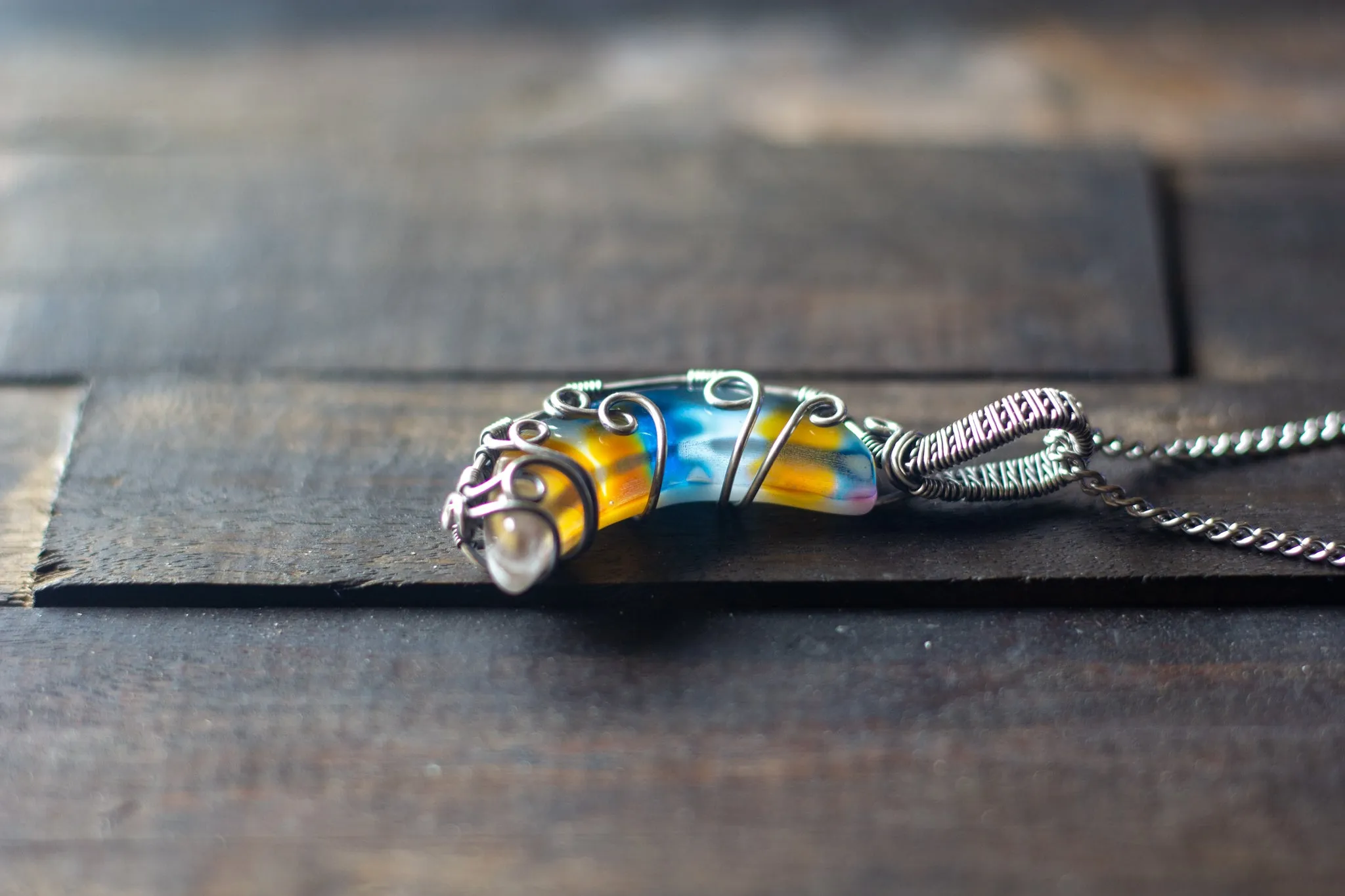 Blue and Orange Fused Glass Crescent Moon Pendant with Sterling Silver Wire Wrapping