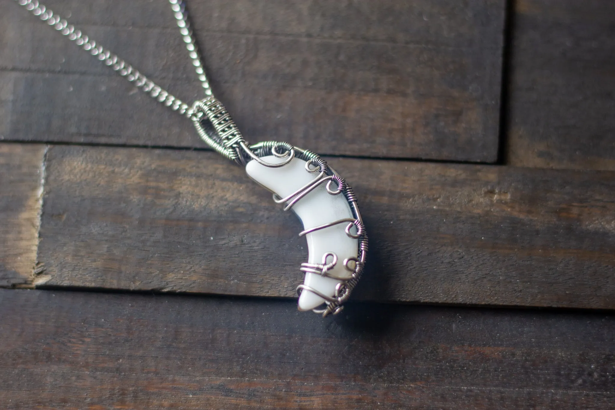Blue and Orange Fused Glass Crescent Moon Pendant with Sterling Silver Wire Wrapping