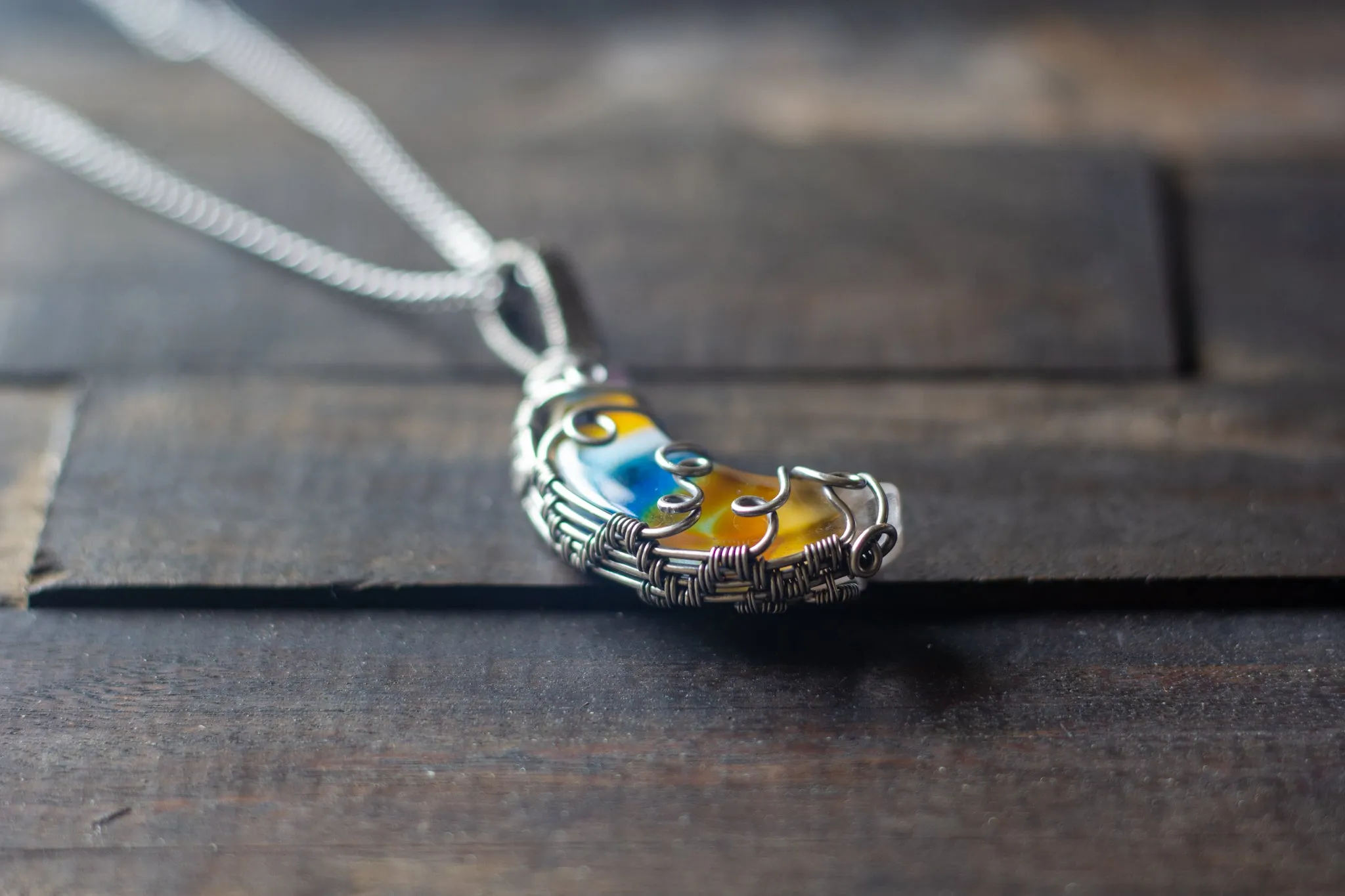 Blue and Orange Fused Glass Crescent Moon Pendant with Sterling Silver Wire Wrapping