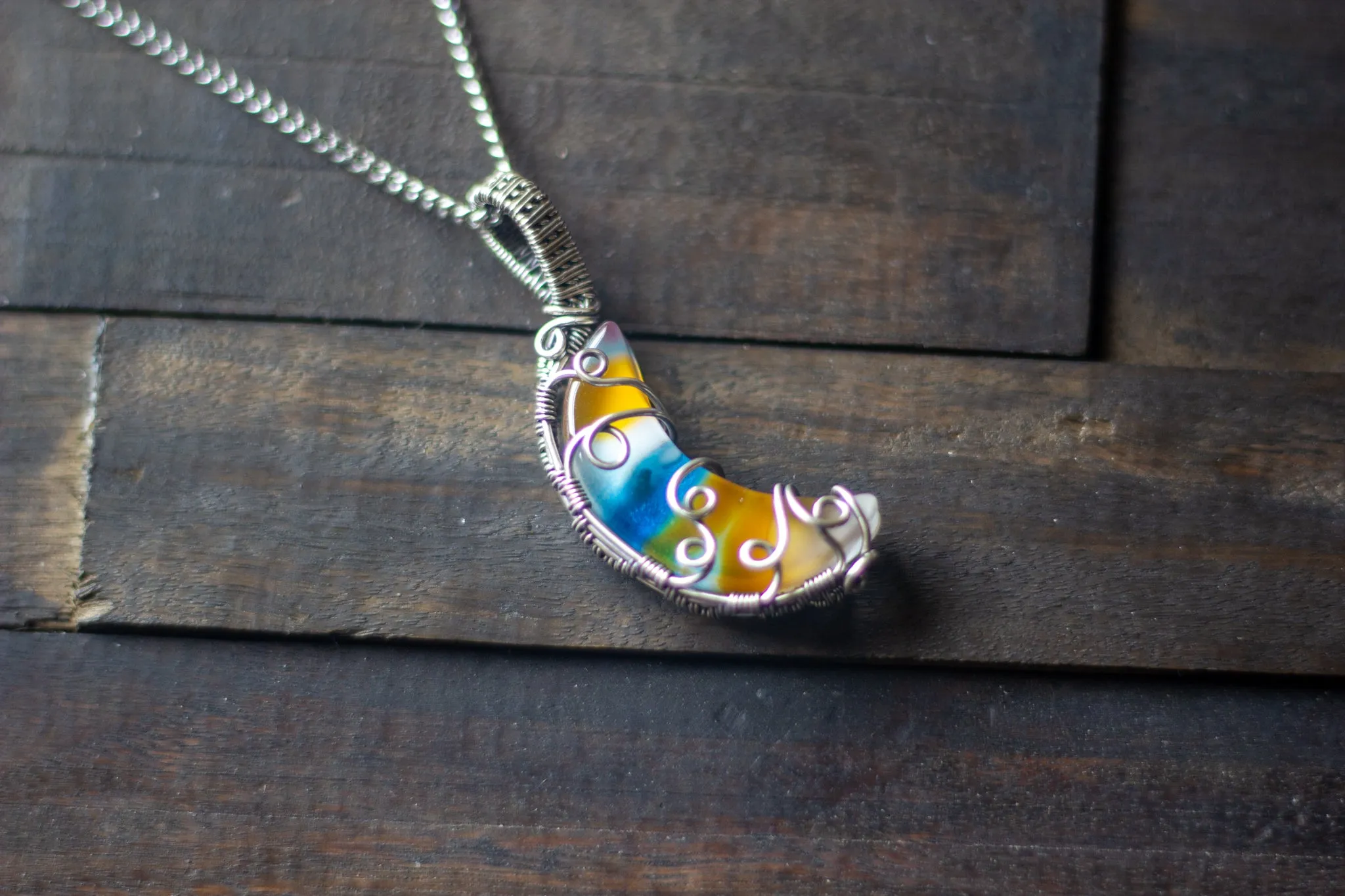Blue and Orange Fused Glass Crescent Moon Pendant with Sterling Silver Wire Wrapping