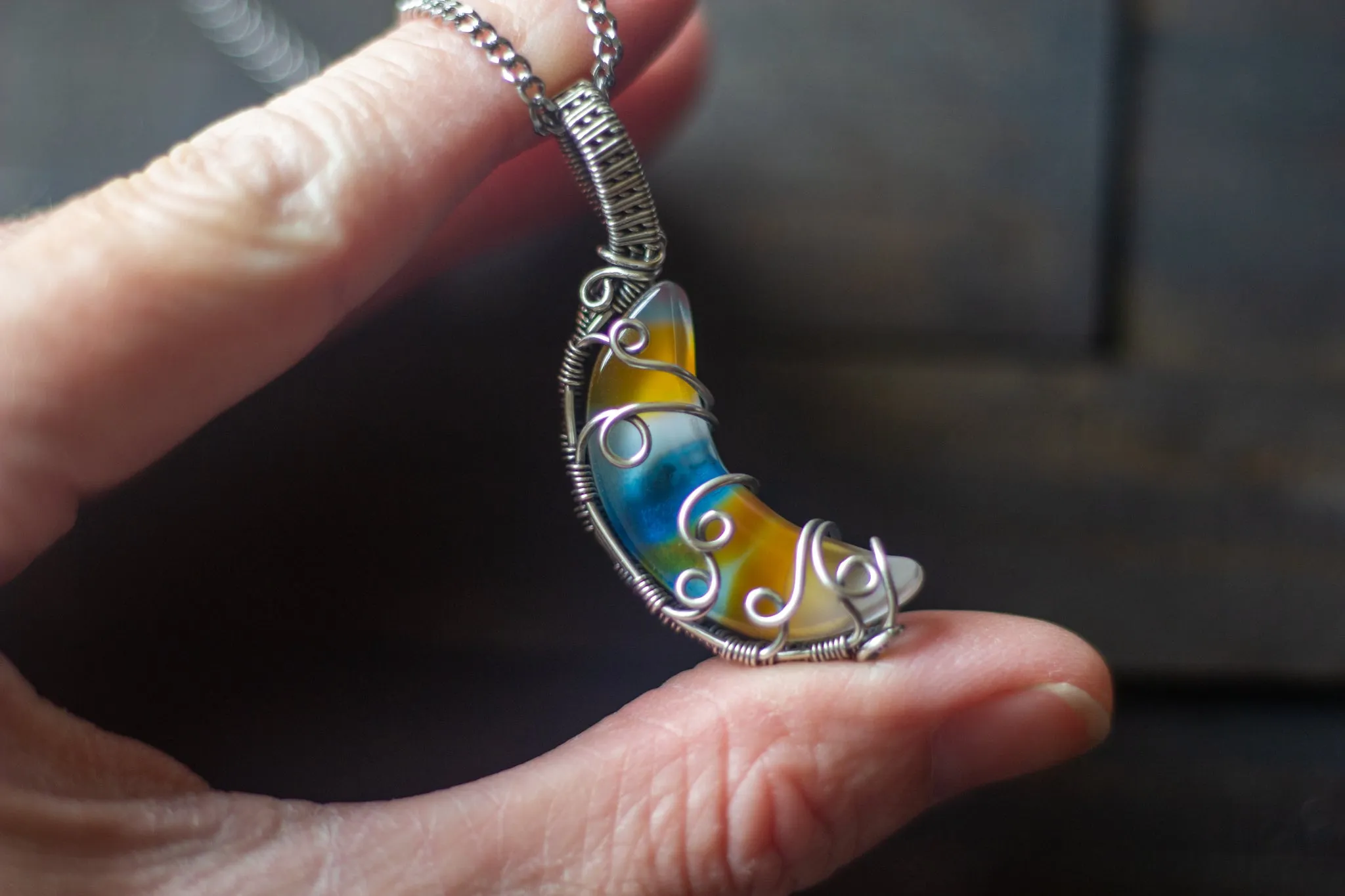 Blue and Orange Fused Glass Crescent Moon Pendant with Sterling Silver Wire Wrapping