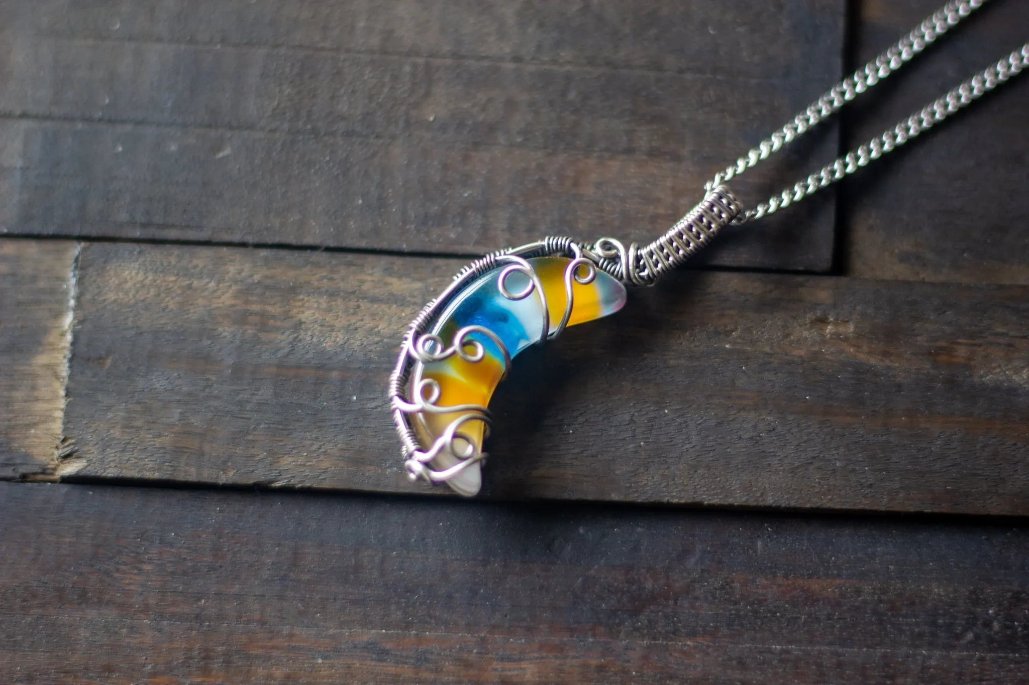 Blue and Orange Fused Glass Crescent Moon Pendant with Sterling Silver Wire Wrapping
