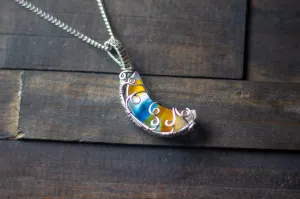 Blue and Orange Fused Glass Crescent Moon Pendant with Sterling Silver Wire Wrapping