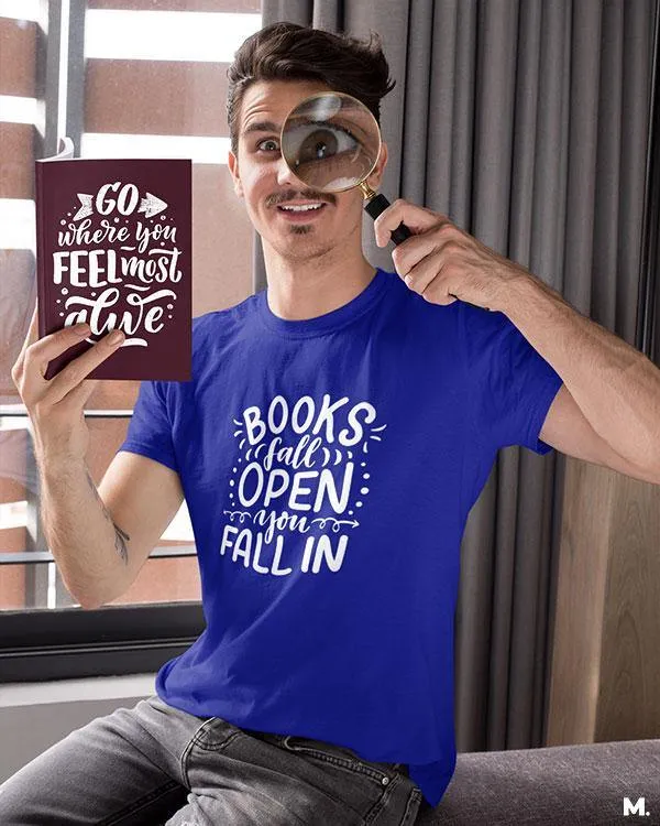 Books fall open, you fall in printed t shirts