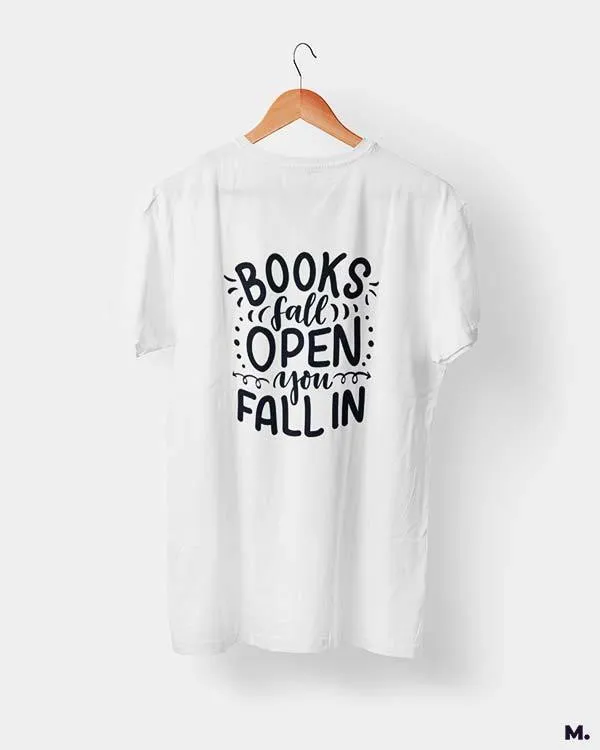 Books fall open, you fall in printed t shirts