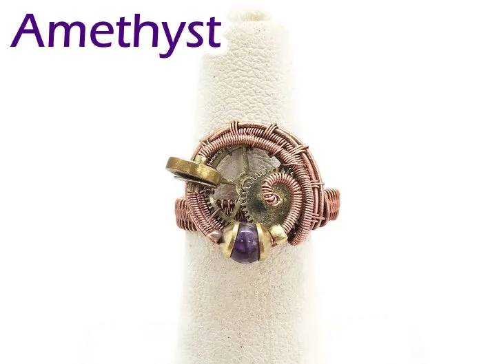 Bronze Adjustable Steampunk Ring with Custom Gemstone