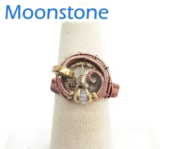 Bronze Adjustable Steampunk Ring with Custom Gemstone
