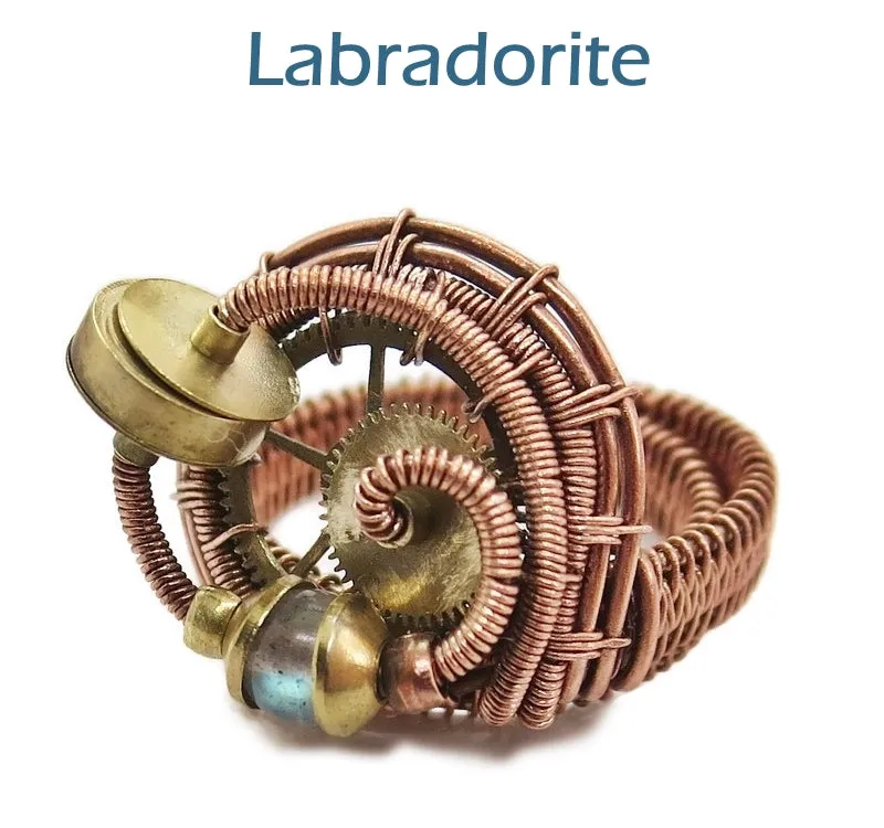 Bronze Adjustable Steampunk Ring with Custom Gemstone