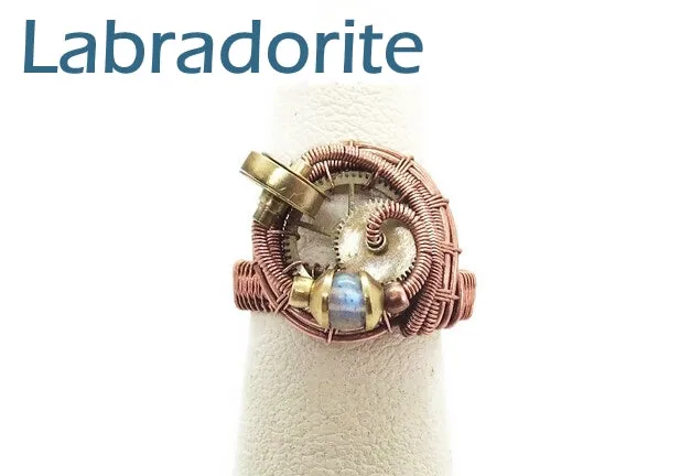 Bronze Adjustable Steampunk Ring with Custom Gemstone