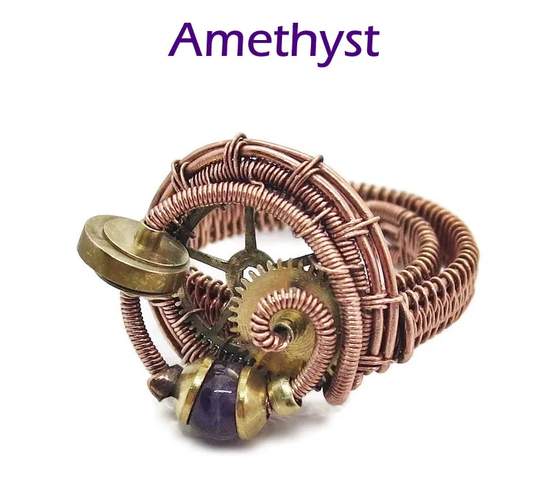 Bronze Adjustable Steampunk Ring with Custom Gemstone