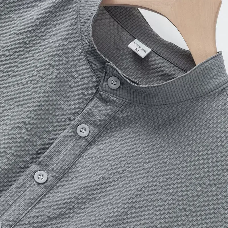Buddha Stones Solid Color Polo Plaid Half Buttons Men's Short Sleeve Shirt