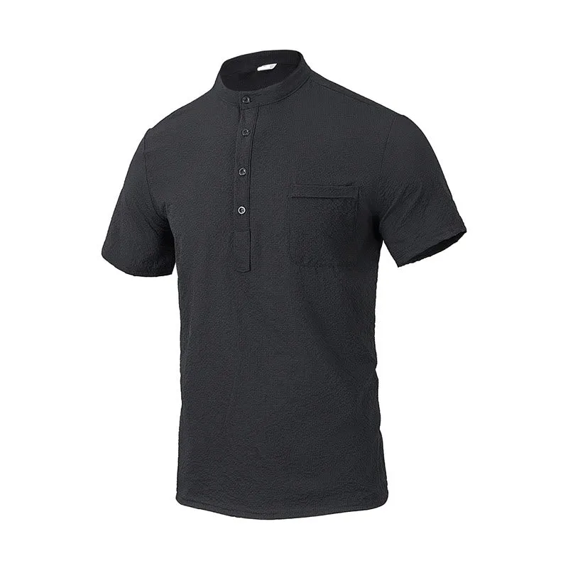 Buddha Stones Solid Color Polo Plaid Half Buttons Men's Short Sleeve Shirt