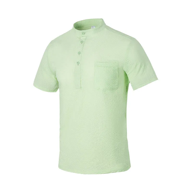 Buddha Stones Solid Color Polo Plaid Half Buttons Men's Short Sleeve Shirt